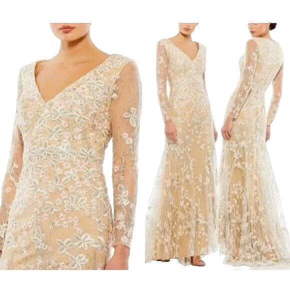 Mac Duggal FLORAL EMBROIDERED V NECK LONG SLEEVE TRUMPET GOWN 70239 16‎ NEW - Picture 1 of 11